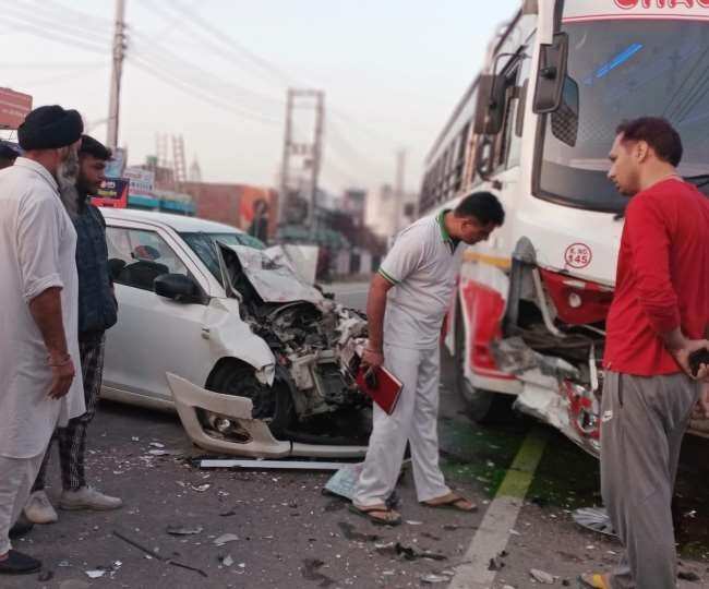 कार और बस की हुई टक्कर, 6 लोग घायल, मचा हड़कंप