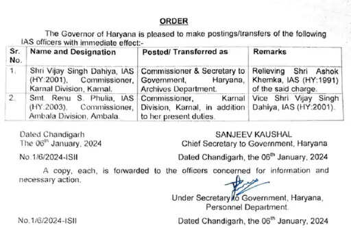 हरियाणा CM सिटी से IAS विजय दहिया को हटाया