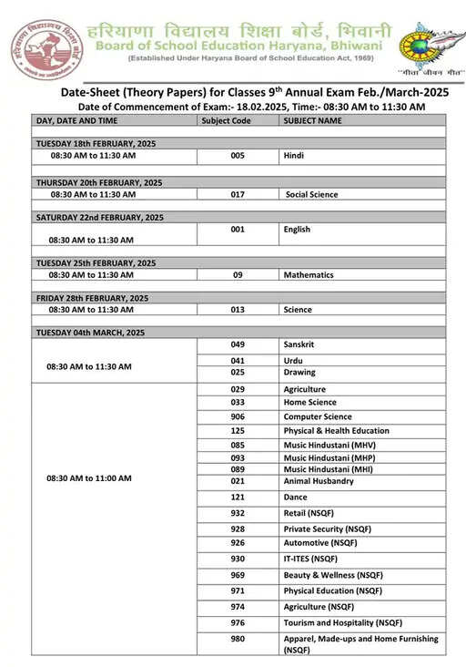 Breaking- हरियाणा में 9वीं-11वीं परीक्षा की Datesheet जारी