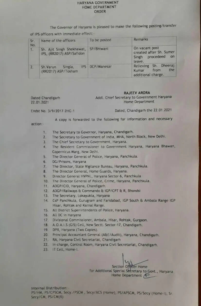 HARYANA में दो IPS अफसरों के तबादले, देखिए लिस्ट