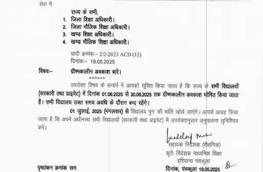 HARYANA:- स्कूलों में गर्मी की छुटि्टयों का एलान, जानें कब तक बंद रहेंगे स्कूल