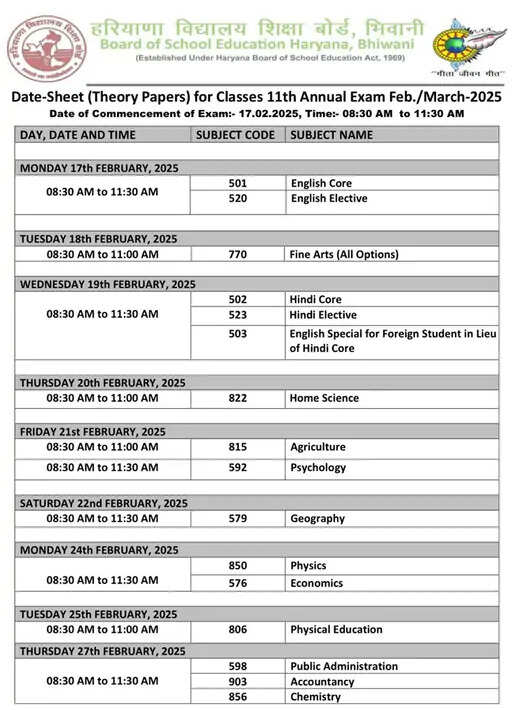Breaking- हरियाणा में 9वीं-11वीं परीक्षा की Datesheet जारी