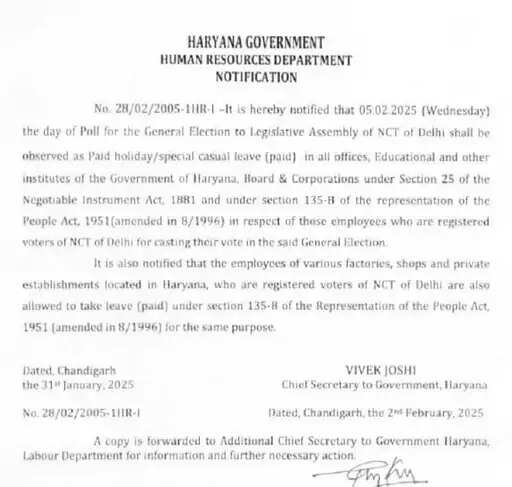 हरियाणा में 5 फरवरी को रहेंगी छुट्टी, इस कारण की गई छुट्टी