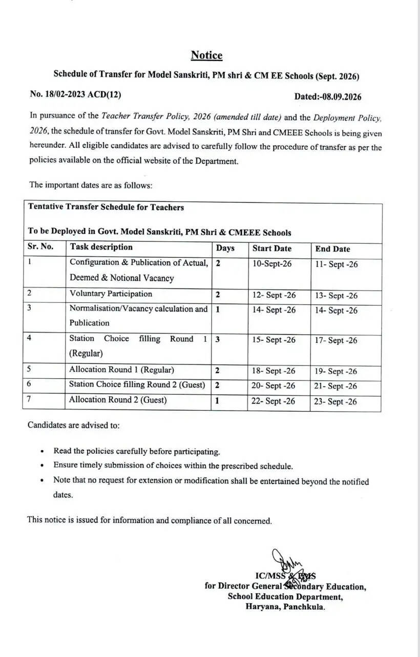 हरियाणा के मॉडल स्कूलों में तबादलों का शेड्यूल जारी, यहां देखें पूरी जानकारी