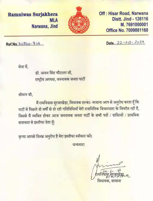 HARYANA:-  JJP को एक और बड़ा झटका, विधायक रामनिवास सुरजाखेड़ा ने पार्टी से दिया इस्तीफा