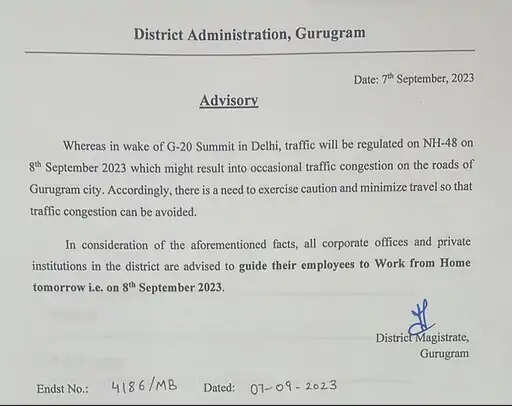 जी-20 सम्मेलन को लेकर गुरुग्राम में Work फ्रॉम होम के निर्देश, वाहनो की एंट्री रहेंगी बंद