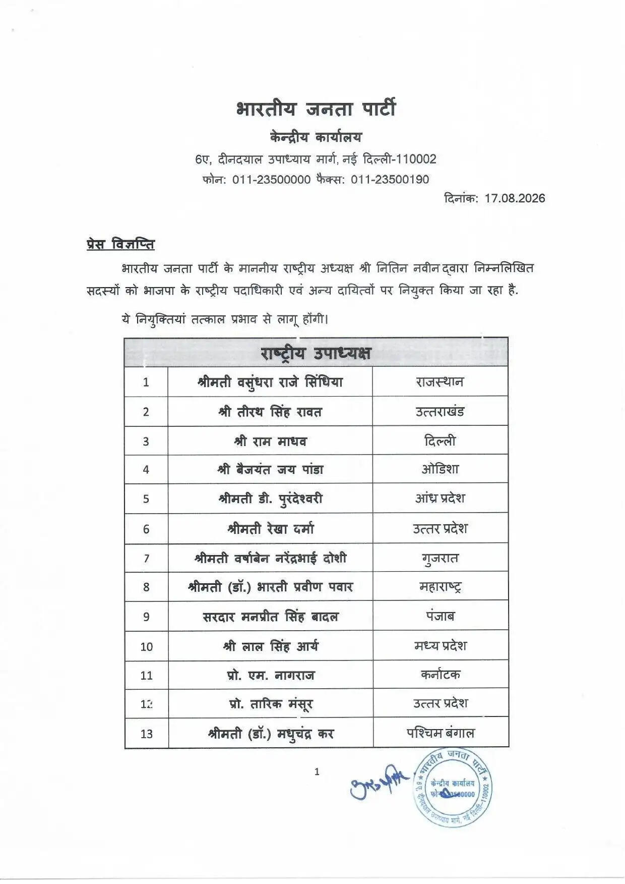 बीजेपी की राष्ट्रीय टीम में हरियाणा के नेताओं को मिली जिम्मेदारी, देखिये पूरी लिस्ट