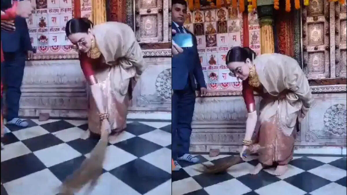 प्राण प्रतिष्ठा के लिए अयोध्या पहुंची कंगना रनौत, मंदिर में लगाई झाड़ू