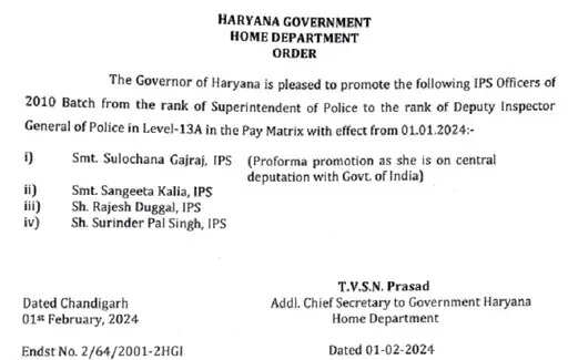 हरियाणा में 4 IPS को मिला प्रमोशन