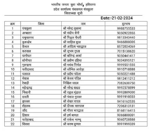 हरियाणा में BJP ने सभी जिलों में भाजयुमों जिलाध्यक्ष किए घोषित, देखिए लिस्ट