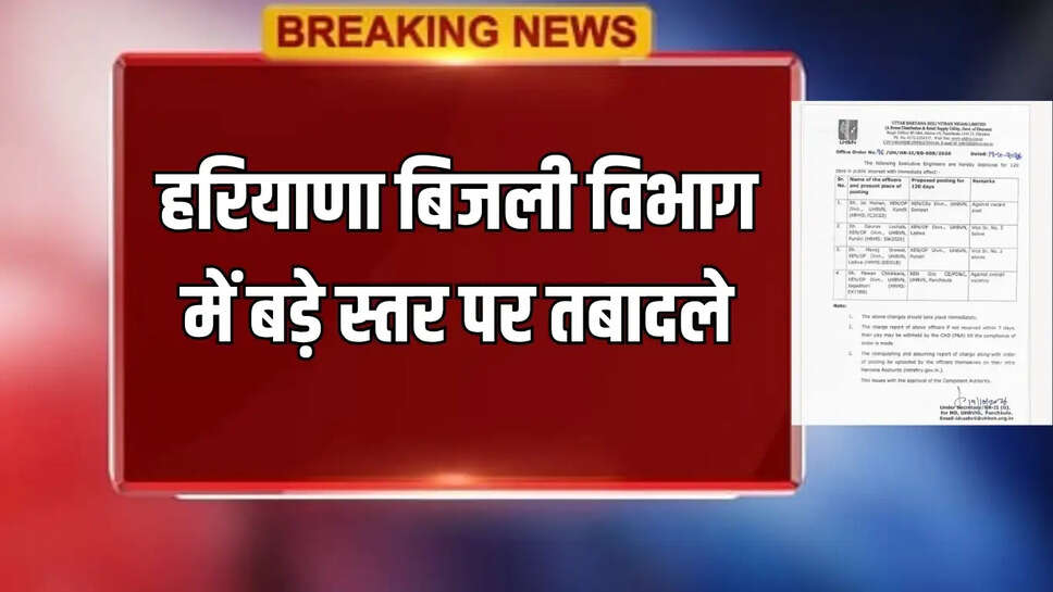 हरियाणा बिजली विभाग में बड़े स्तर पर तबादले